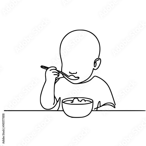 Child enjoying meal with spoon at dining table in outline style, single line outline vector  