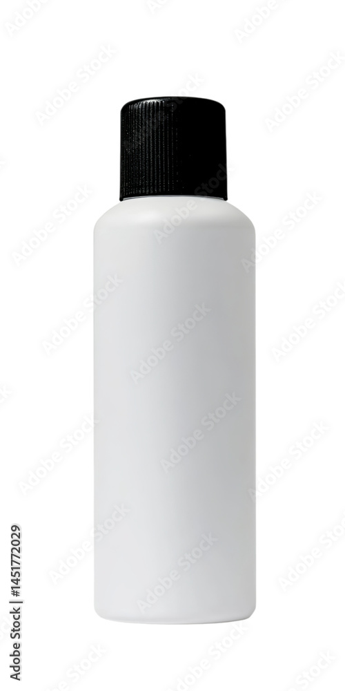 A white plastic bottle with a black cap for shampoo, front view, isolated on Png Format and Transparent Background A white plastic bottle with a black cap for shampoo, front view, isolated on Png Format and Transparent Background