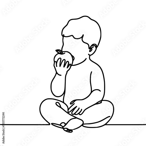 One year old child enjoying apple sitting on floor, one line vector outline