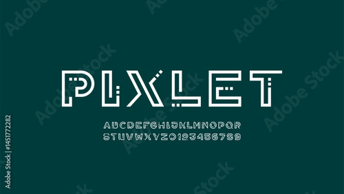 Technology font, digital cyber alphabet, white letters A, B, C, D, E, F, G, H, I, J, K, L, M, N, O, P, Q, R, S, T, U, V, W, X, Y, Z, numerals 0, 1, 2, 3, 4, 5, 6, 7, 8, 9 with square