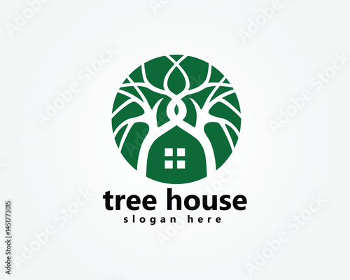 green house tree house logo, two tree trunks forming a house, logo design inspiration