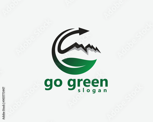 reforestation, go green logo, mountain that merges with arrows in a circular leaf, logo design template