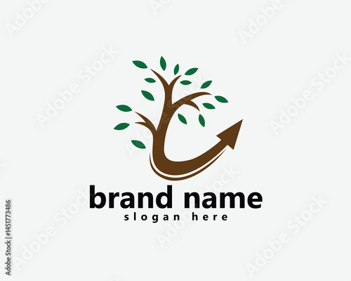 reforestation, go green logo, tree branches connected to arrows, logo design template