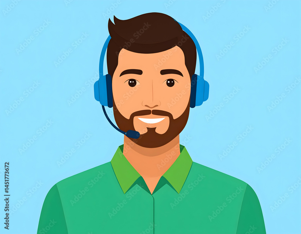 Smiling Man In Green Shirt With Blue Headphones Smiling Man In Green Shirt With Blue Headphones