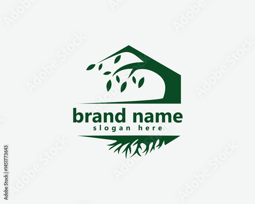 landscape logo, tree inside hexagon, logo design template