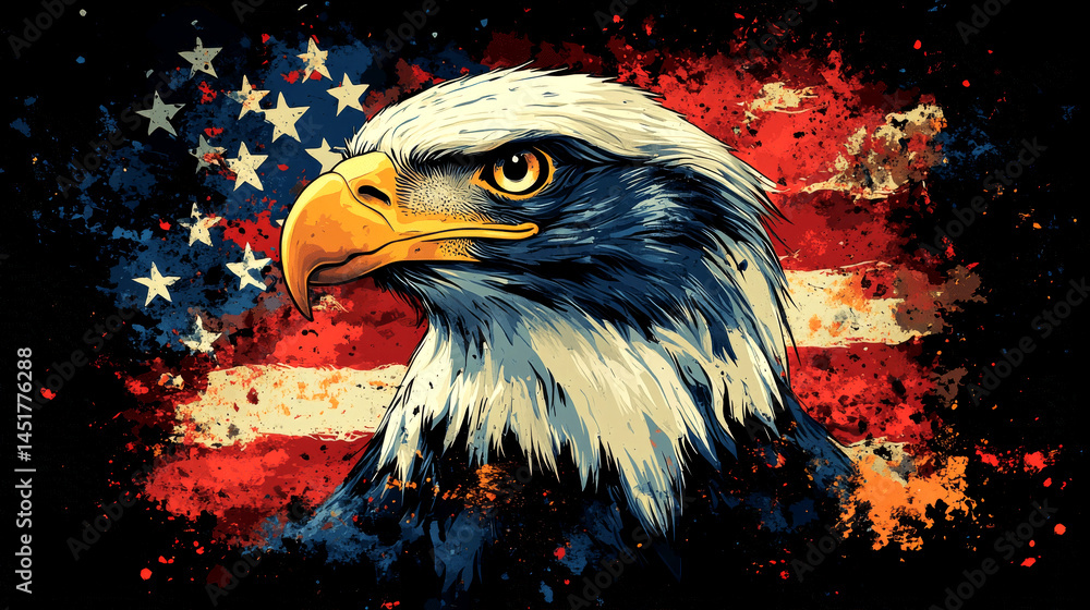 Fototapeta premium Proud Bald Eagle on Flag Art.