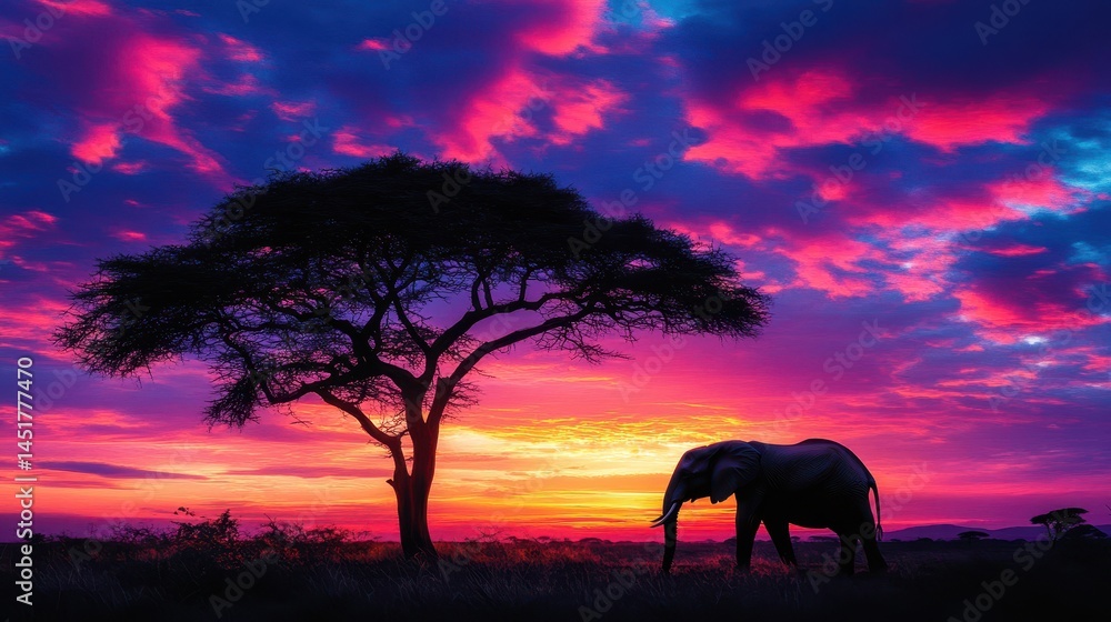 Fototapeta premium A stunning illustration capturing the majestic silhouette of an African elephant against a vibrant sunset, highlighting its grandeur and the warm hues of the evening sky.