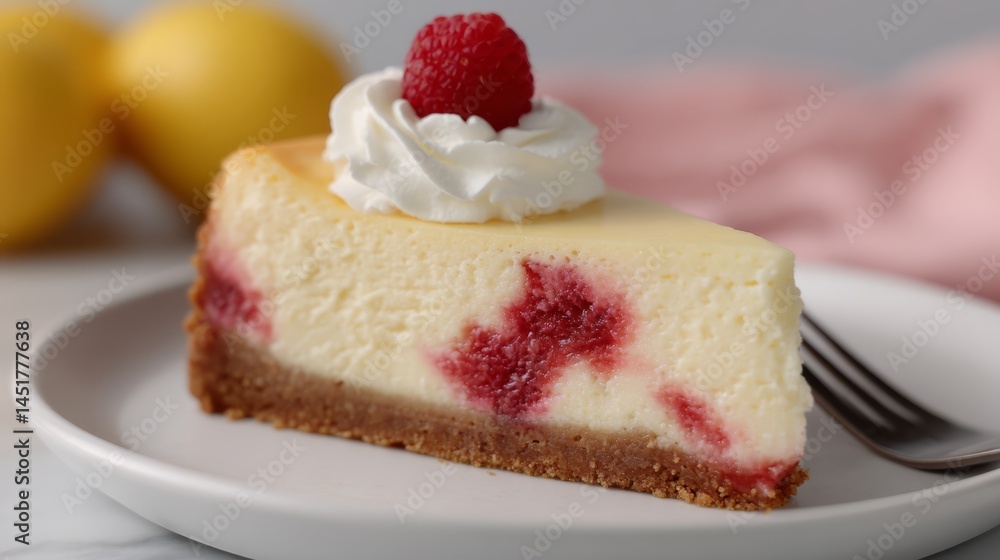 close up of slice of raspberry swirl cheesecake with berries on white plate with copy space. close up of slice of raspberry swirl cheesecake with berries on white plate with copy space.
