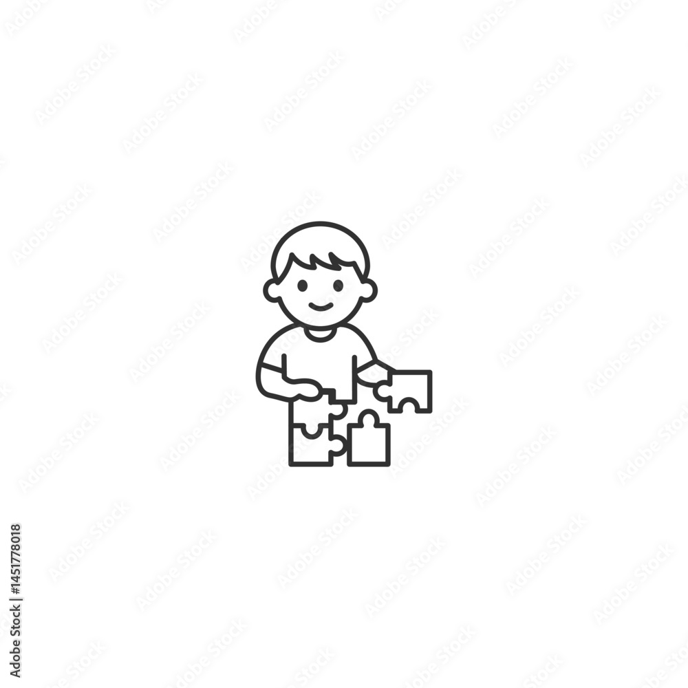 Outline Smart Kid Playing Puzzle - Educational Cartoon Vector Outline Smart Kid Playing Puzzle - Educational Cartoon Vector