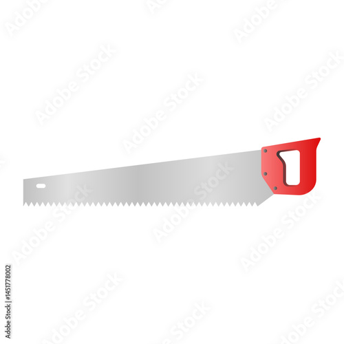 Sharp Red Handle Saw Vector on White Background. Metal Hand Saw for Cutting Wood.