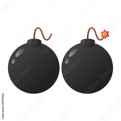 Black Bomb Vector with Burning Fuse. Bomb Element Ready to Explode. Bomb Icon on White Background.