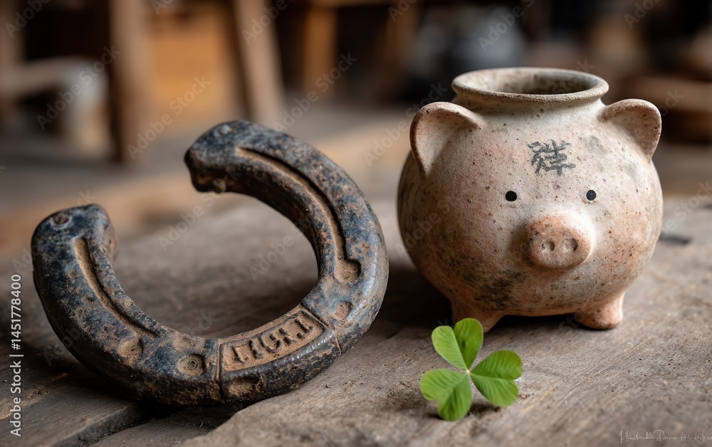 Horseshoe ceramic pig and clover charm Horseshoe ceramic pig and clover charm