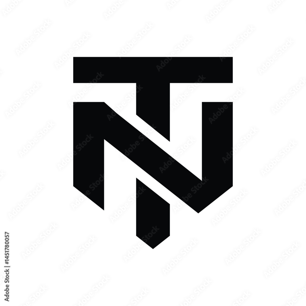 this is a flat monogram design of an initial letters TN or NT in modern serif font in black color on a white background which has a shape like a shield this is a flat monogram design of an initial letters TN or NT in modern serif font in black color on a white background which has a shape like a shield