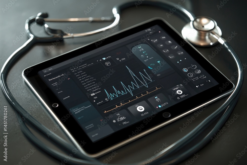 Fototapeta premium Digital medical tablet interface with stethoscope.