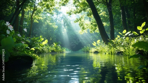 Lush forest stream bathed in sunlight