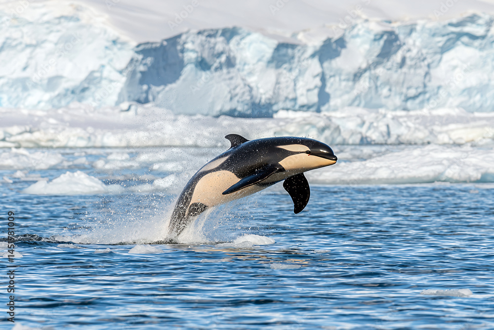 Obraz premium majestic orca leaps from icy waters, showcasing its powerful body against backdrop of glistening icebergs. scene captures