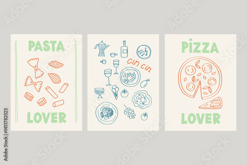 Pasta and Pizza lover doodles placard or poster set with Italian cuisine. Vector food illustration of sketch style hand drawn posters. Wall art prints decor. For invitations, menus design, card, flyer