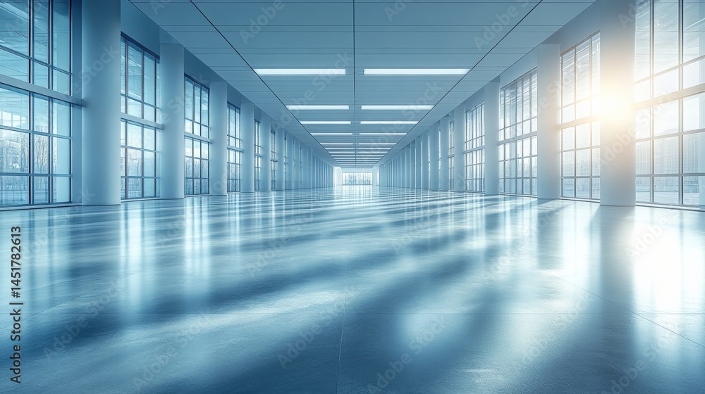 Modern empty interior of a spacious hall with large windows reflecting sunlight, ideal for events Modern empty interior of a spacious hall with large windows reflecting sunlight, ideal for events