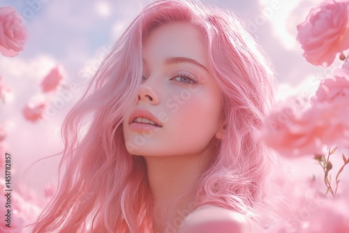 Young woman with pink hair surrounded by roses