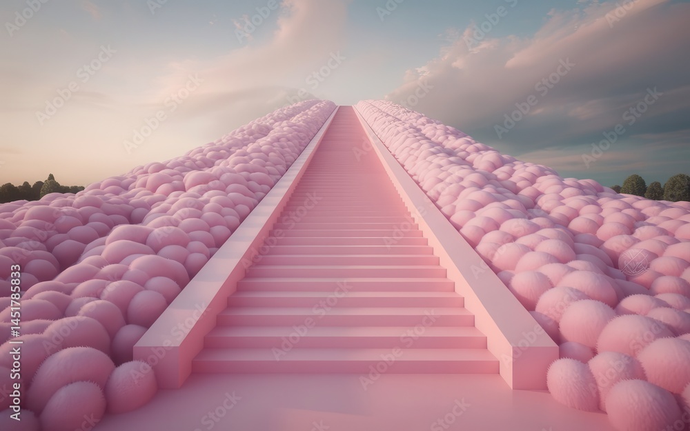 Fototapeta premium Ethereal pink stairway leading towards the heavens, fantasy dreamscape