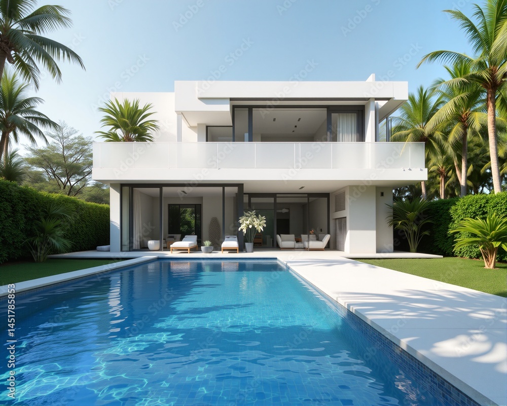 Fototapeta premium a modern, minimalist house with large windows and a flat roof. The house is surrounded by lush greenery, including palm trees and other tropical plants
