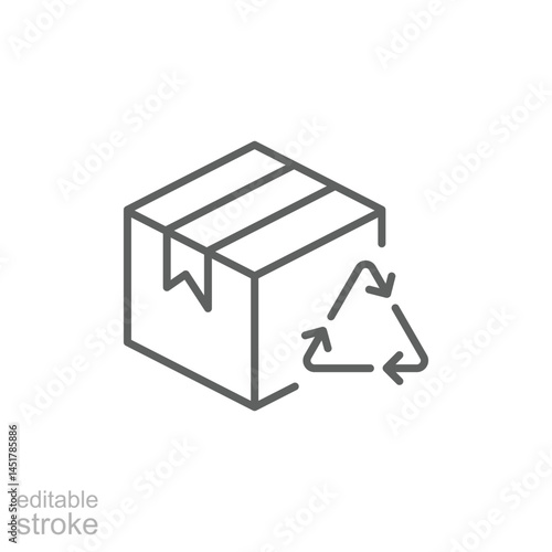 Recycled product packaging icon. Simple outline style. Recycle triangle, cardboard box, seal, cycle, packaging, environmental concept. Thin line symbol. Vector illustration isolated. Editable stroke.