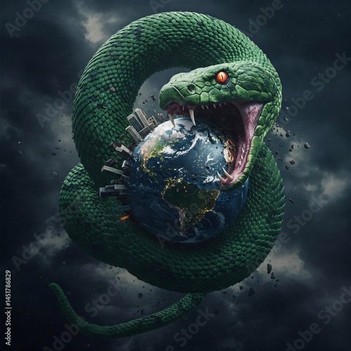 A colossal green serpent constricting planet Earth with a cityscape near its fangs against a stormy sky