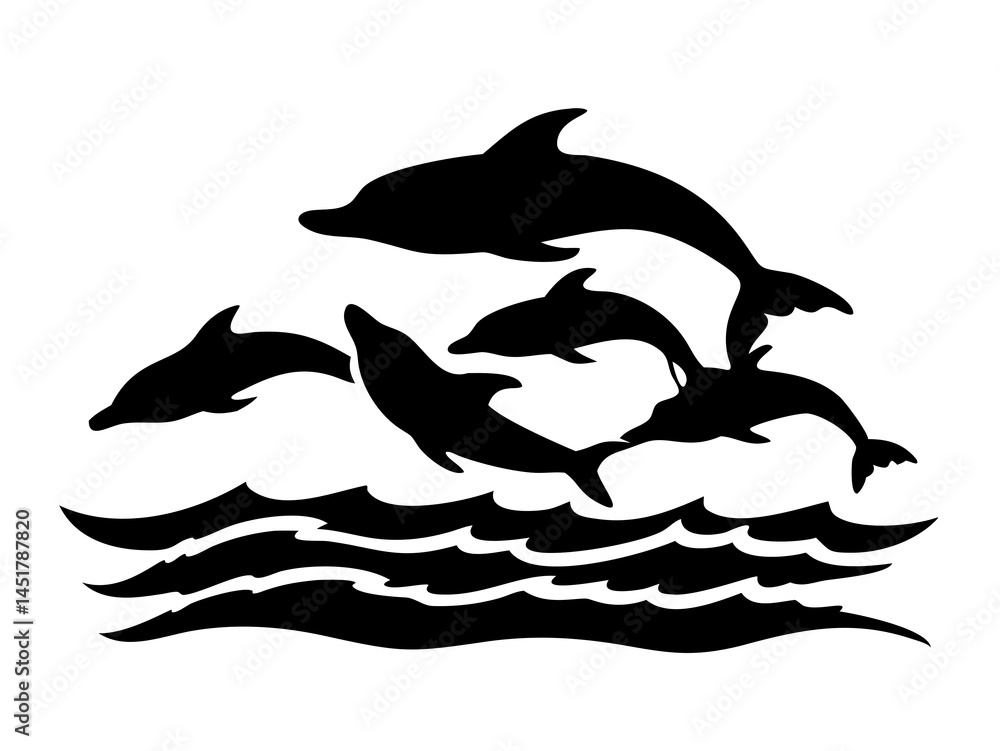 Fototapeta premium Ocean Waves and Dolphins in Silhouette, Seaside Scene, Marine Life Art, Coastal Nature Illustration, On Transparent Background