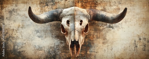 A weathered buffalo skull with large horns on a textured background.