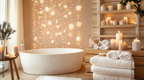 Holiday-themed bathroom featuring warm light, sparkling snowflake wall decor, and stacks of plush towels