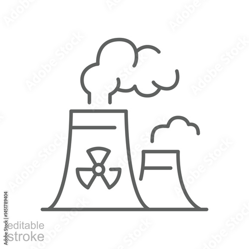 Radiation pollution icon. Simple outline style. Nuclear, power plant, experiment, smoke, industry, environment, technology concept. Thin line symbol. Vector illustration isolated. Editable stroke.