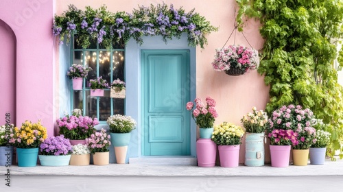 Hand-painted flower shop facade with pastel-toned flowers and pots arranged around the vintage entrance