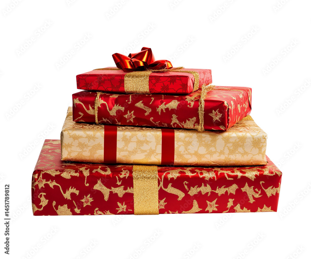 Obraz premium A stack of Christmas gifts wrapped in red and gold paper, isolated on Png Format and Transparent Background