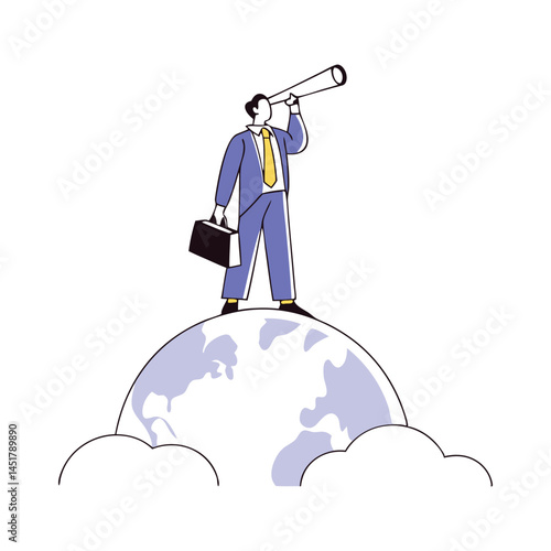 Global Business Vision and Future Opportunity Concept with Businessman on Globe Using Telescope Globalization and World Economics Design