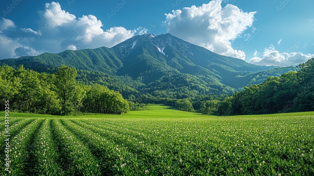 Fototapeta premium Blooming potato field, green valley, forest, majestic mountain, sunny sky