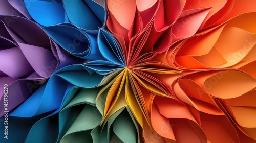 Rainbow Rhapsody, A kaleidoscope of vibrant paper artistry intricately woven with meticulous precision showcasing a spectrum of colorful expression