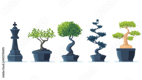 A vibrant digital illustration showcases five meticulously rendered bonsai trees in dark blue pots, each displaying a unique shape and style.