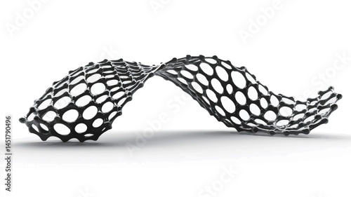 A 3D rendering of an abstract black lattice structure. The structure is made of a repeating pattern of interconnected circles, giving it a web-like appearance.