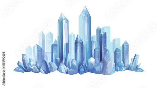The image is a digital rendering of a cityscape composed entirely of faceted blue crystals of varying sizes. The crystals appear in a variety of shapes and sizes, suggesting a dynamic beauty.