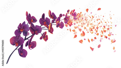 This photo shows a branch of a vivid purple orchid gracefully winding against a pure white background. The intricate details of the orchid's petals are clearly visible and in sharp focus.
