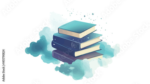 The digital illustration depicts three books stacked on top of each other, floating in a stylized pastel cloud. The books have a soft, slightly glossy texture in shades of teal and dark purple.