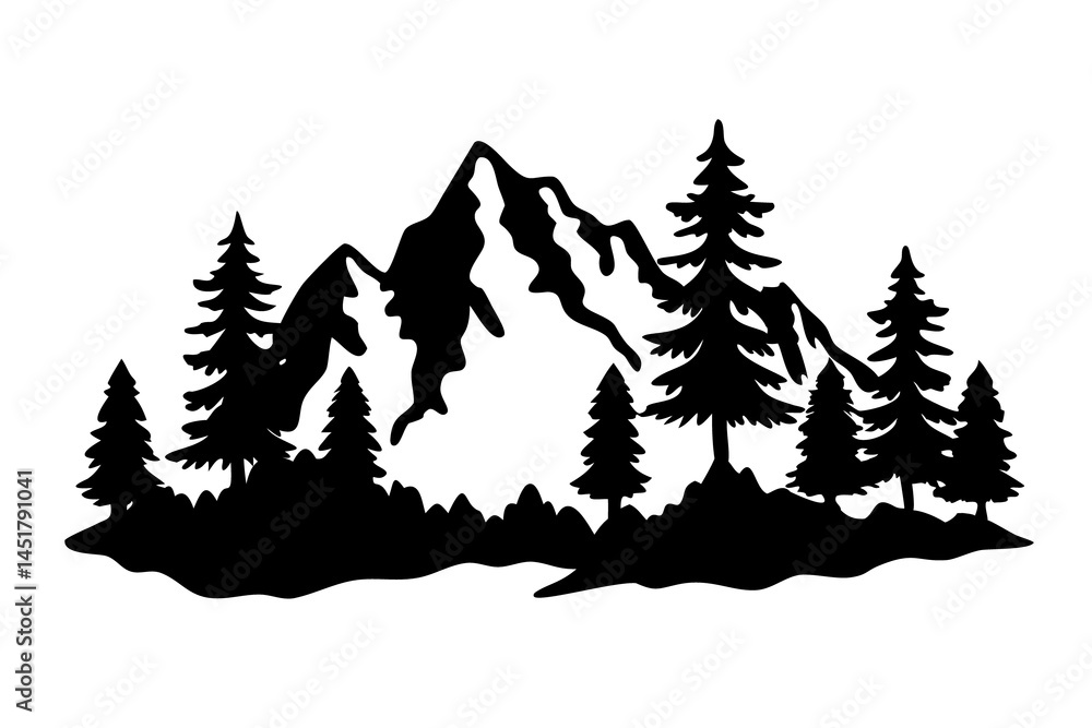 Obraz premium Mountain Landscape Silhouette with Pine Trees, Scenic Nature View, Wilderness Panorama, Outdoor Forest Art, On Transparent Background
