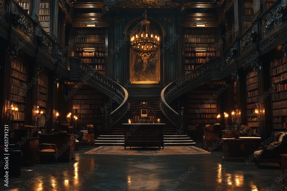 Obraz premium Ornate Dark Library Interior with Glowing Chandeliers Bookshelves and Arched Architecture Featuring Wooden Structure and Classic Design Elements