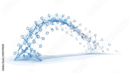 digitally rendered 3D illustration depicts a stylized arc of water, composed of numerous interconnected water droplets. The droplets appear with varying degrees of transparency, creating a gradient.