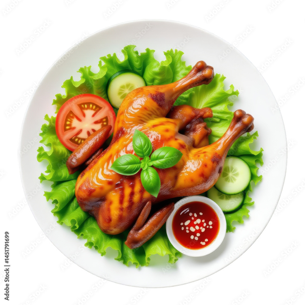 Roast Chicken on Plate, Lettuce, Tomato, Basil, Transparent Background Roast Chicken on Plate, Lettuce, Tomato, Basil, Transparent Background