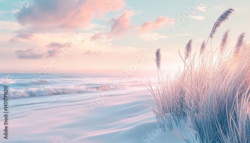 Pastel Sky Over Gentle Ocean Waves with Coastal Grasses at Sunset a Beach Landscape Featuring Calm Waters and Soft Light Hitting White Sand and Delicate Horizon