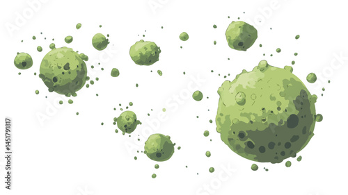 A digital illustration depicts a group of abstract, irregularly shaped green objects set against a pure white background. The objects vary in size and are slightly jagged.