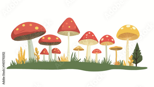 A digitally rendered illustration shows a cluster of cartoon mushrooms on a verdant grass. The bright colors, mainly red and yellow, create a striking contrast.