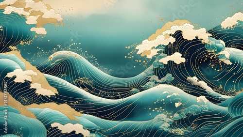 Elegant Teal and Gold Japanese Wave Art Background