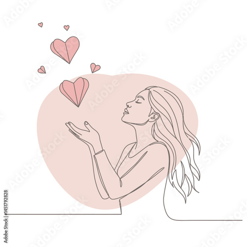 Minimal One Line Valentine Illustration of couple with Rose and Pastel Abstract Background